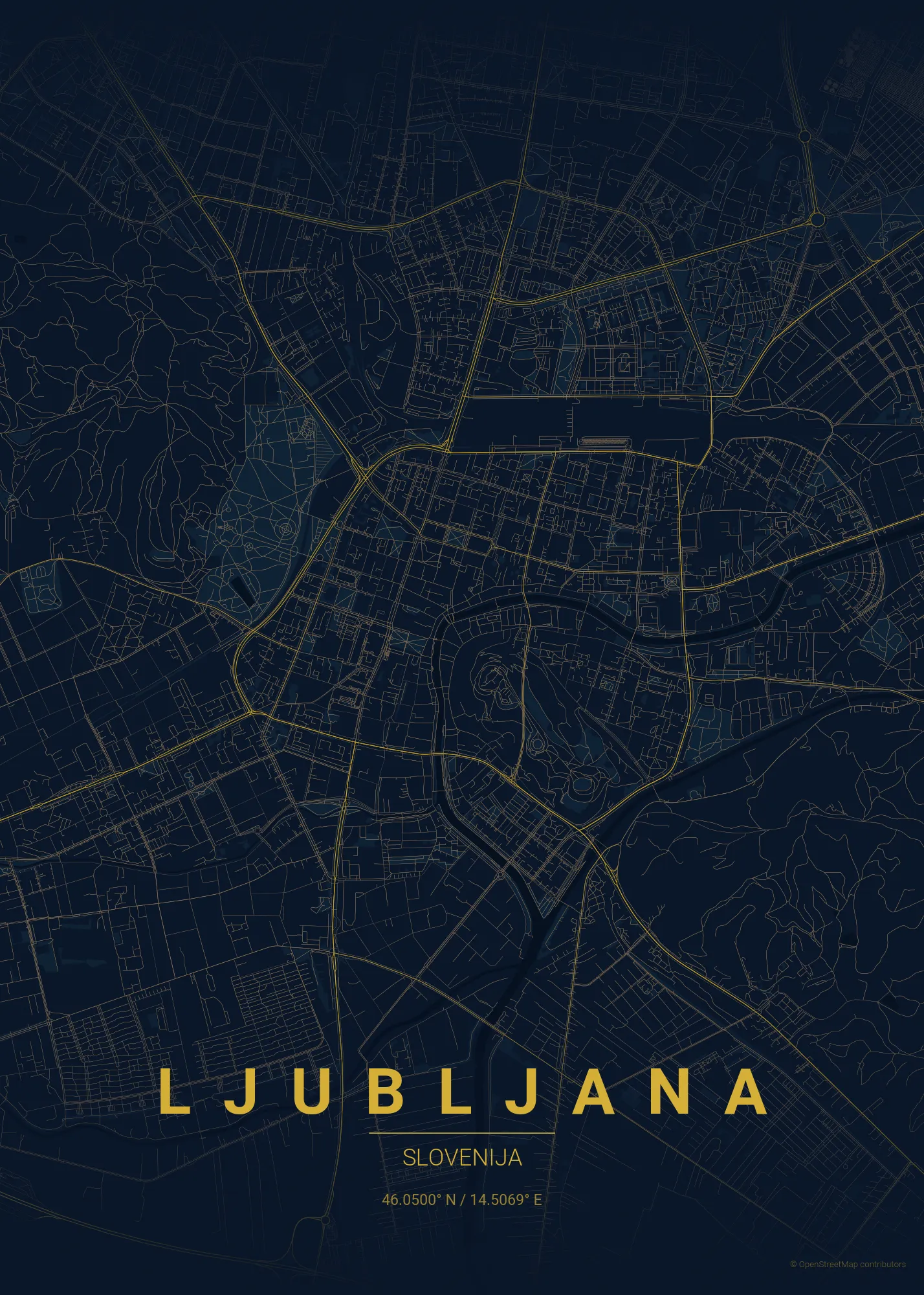 Plakat zemljevida Ljubljane v slogu Polnočno modra
