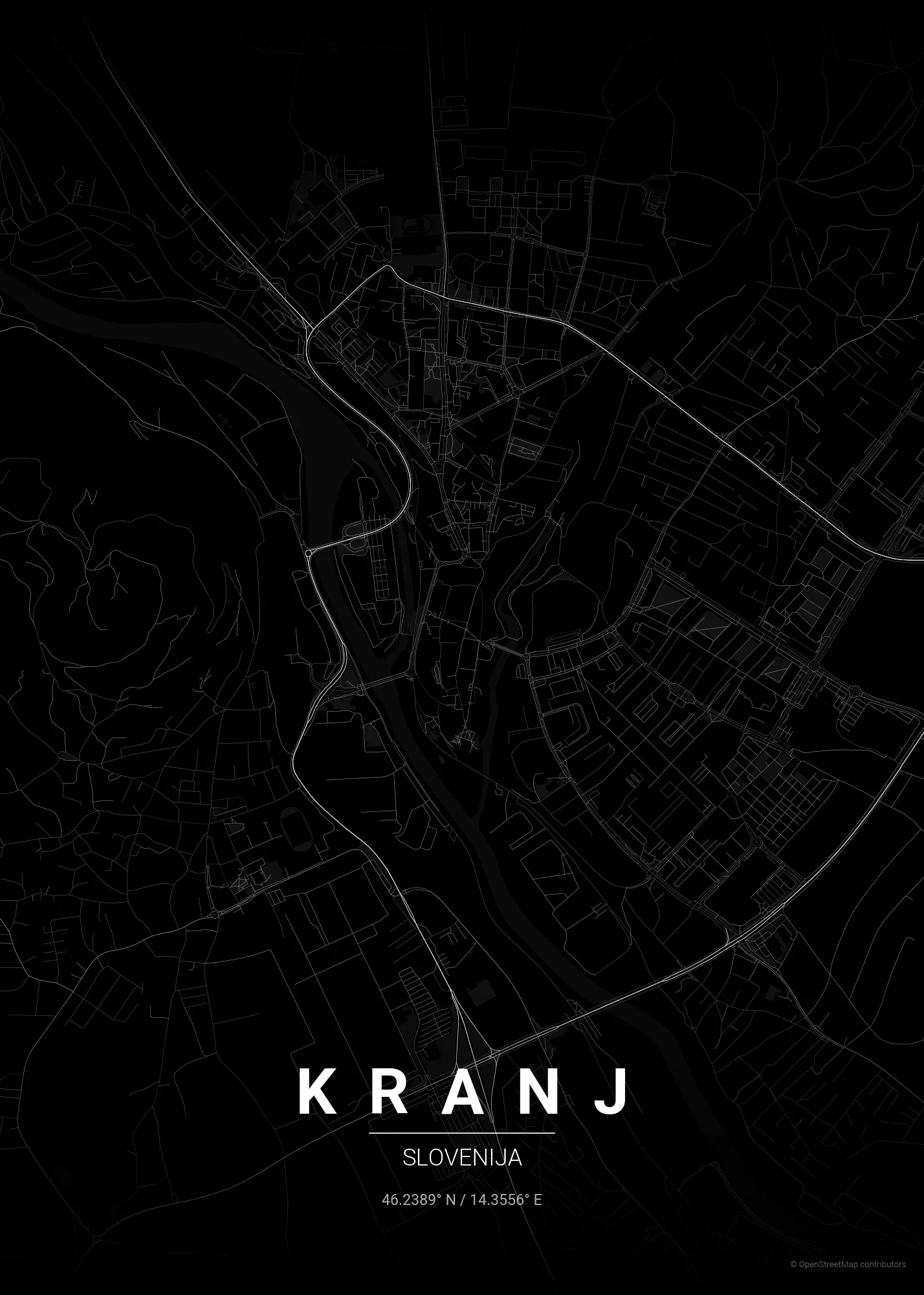 Plakat zemljevida Kranja v slogu Noir